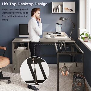 Bestier L Shaped Standing Desk Adjustable Height, 60" Corner Computer Desk with Storage File Cabinet, 95.2" Long and Large Reversible Office Desk with Lift Top, Washed Gray