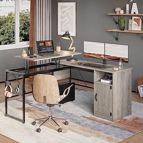 Bestier L Shaped Standing Desk Adjustable Height, 60" Corner Computer Desk with Storage File Cabinet, 95.2" Long and Large Reversible Office Desk with Lift Top, Washed Gray