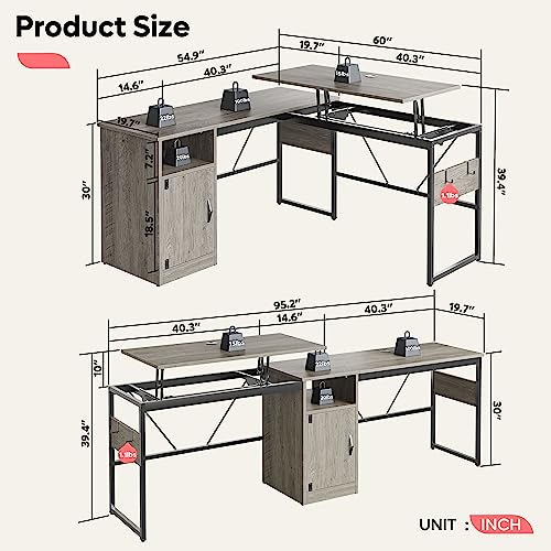 Bestier L Shaped Standing Desk Adjustable Height, 60" Corner Computer Desk with Storage File Cabinet, 95.2" Long and Large Reversible Office Desk with Lift Top, Washed Gray