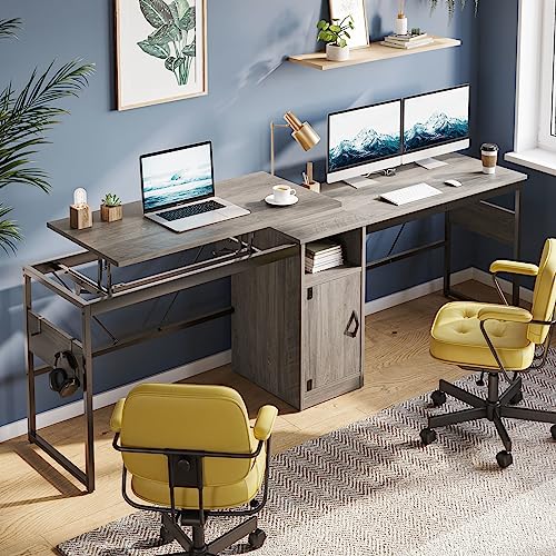 Bestier L Shaped Standing Desk Adjustable Height, 60" Corner Computer Desk with Storage File Cabinet, 95.2" Long and Large Reversible Office Desk with Lift Top, Washed Gray