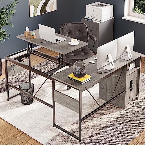 Bestier L Shaped Standing Desk Adjustable Height, 60" Corner Computer Desk with Storage File Cabinet, 95.2" Long and Large Reversible Office Desk with Lift Top, Washed Gray