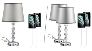 unfusne set of 3 crystal lamp with usb port - touch control table lamp for bedroom 3 way dimmable nightstand bedside lamp with gray fabric shade, small lamps for living room, dorm, home,office