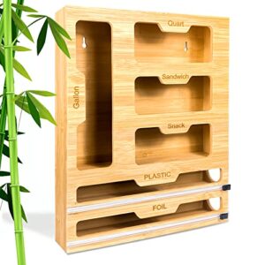 ziplock bag storage organizer for kitchen,aluminum foil plastic wrap dispenser with cutter,real bamboo 6-in-1 sandwich bags organizer and lunch baggie dispenser,for drawer,wall,pantry etc