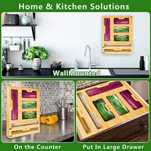 Ziplock Bag Storage Organizer for Kitchen,Aluminum Foil Plastic Wrap Dispenser with Cutter,Real Bamboo 6-in-1 Sandwich Bags Organizer and Lunch Baggie Dispenser,for Drawer,Wall,Pantry etc