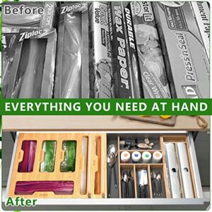 Ziplock Bag Storage Organizer for Kitchen,Aluminum Foil Plastic Wrap Dispenser with Cutter,Real Bamboo 6-in-1 Sandwich Bags Organizer and Lunch Baggie Dispenser,for Drawer,Wall,Pantry etc