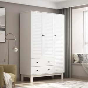 ecacad large wardrobe armoire with 4-tier shelves, 2 drawers, hanging rod & 3 louver doors, wooden closet storage cabinet for bedroom, white (48”w x 20.2”d x 71”h)