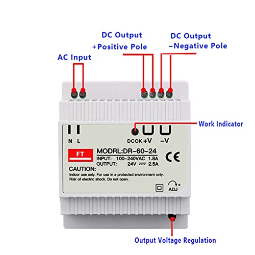 GUMMMY Industrial DIN Rail Switching Power Supply DR-30W 45W 60W Single Output 5V 12V 24V AC DC Converter Power Switch Input 110/240VAC (Color : 110V 220VAC, Size : 60W)