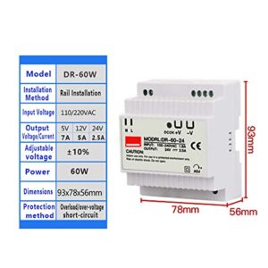 GUMMMY Industrial DIN Rail Switching Power Supply DR-30W 45W 60W Single Output 5V 12V 24V AC DC Converter Power Switch Input 110/240VAC (Color : 110V 220VAC, Size : 60W)