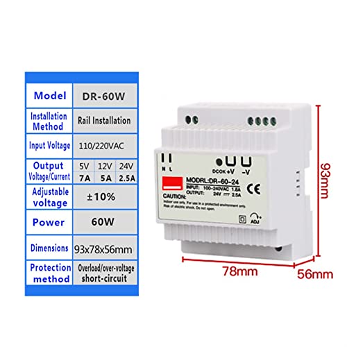 GUMMMY Industrial DIN Rail Switching Power Supply DR-30W 45W 60W Single Output 5V 12V 24V AC DC Converter Power Switch Input 110/240VAC (Color : 110V 220VAC, Size : 60W)