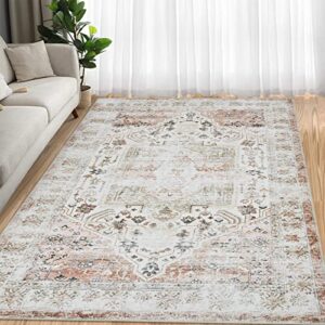 RUGSREAL Area Rug 8x10 Vintage Rug Indoor Floor Cover Taupe Print Distressed Carpet Rug for Bedroom Foldable Chenille Thin Rug for Living Room Bedroom, Taupe, 8 x 10