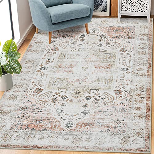 RUGSREAL Area Rug 8x10 Vintage Rug Indoor Floor Cover Taupe Print Distressed Carpet Rug for Bedroom Foldable Chenille Thin Rug for Living Room Bedroom, Taupe, 8 x 10