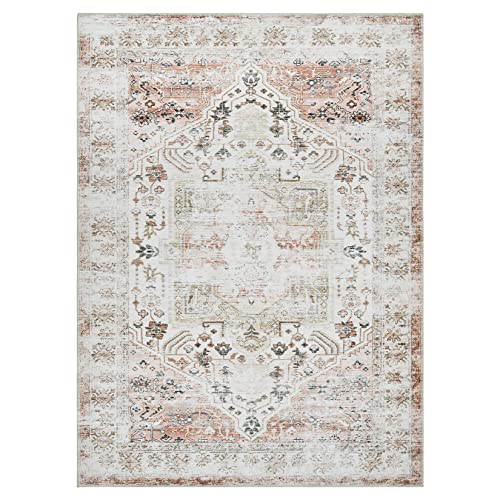 RUGSREAL Area Rug 8x10 Vintage Rug Indoor Floor Cover Taupe Print Distressed Carpet Rug for Bedroom Foldable Chenille Thin Rug for Living Room Bedroom, Taupe, 8 x 10