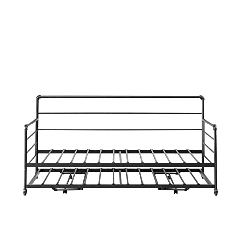 kuurfuurdo Twin Daybed with Trundle, Metal Daybed with Pop Up Trundle, Height Adjustable Day Bed with Trundle Bed Twin for Kids Teens Adults Guests, Steel Slat Support, No Box Spring Needed