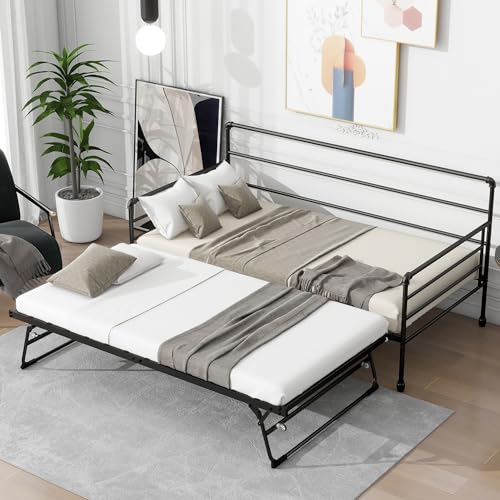 kuurfuurdo Twin Daybed with Trundle, Metal Daybed with Pop Up Trundle, Height Adjustable Day Bed with Trundle Bed Twin for Kids Teens Adults Guests, Steel Slat Support, No Box Spring Needed