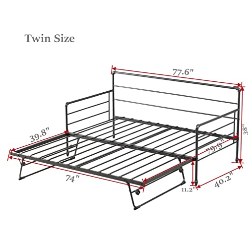 kuurfuurdo Twin Daybed with Trundle, Metal Daybed with Pop Up Trundle, Height Adjustable Day Bed with Trundle Bed Twin for Kids Teens Adults Guests, Steel Slat Support, No Box Spring Needed