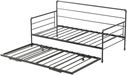 kuurfuurdo Twin Daybed with Trundle, Metal Daybed with Pop Up Trundle, Height Adjustable Day Bed with Trundle Bed Twin for Kids Teens Adults Guests, Steel Slat Support, No Box Spring Needed