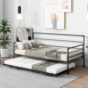 kuurfuurdo Twin Daybed with Trundle, Metal Daybed with Pop Up Trundle, Height Adjustable Day Bed with Trundle Bed Twin for Kids Teens Adults Guests, Steel Slat Support, No Box Spring Needed