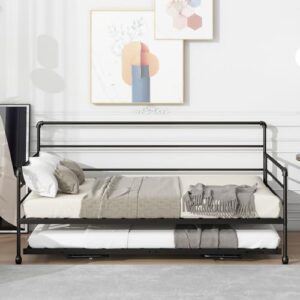 kuurfuurdo Twin Daybed with Trundle, Metal Daybed with Pop Up Trundle, Height Adjustable Day Bed with Trundle Bed Twin for Kids Teens Adults Guests, Steel Slat Support, No Box Spring Needed