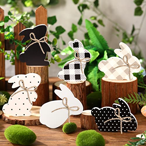 6 Pcs Easter Bunny Table Wooden Signs Bunny Shaped Farmhouse Decor Bunny Wooden Table Decorations Rabbit Tiered Tray Decor Wood Cutouts with Rope for Crafts Party Table Decorations, Black, Gray, White