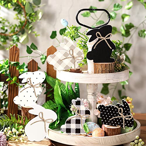 6 Pcs Easter Bunny Table Wooden Signs Bunny Shaped Farmhouse Decor Bunny Wooden Table Decorations Rabbit Tiered Tray Decor Wood Cutouts with Rope for Crafts Party Table Decorations, Black, Gray, White