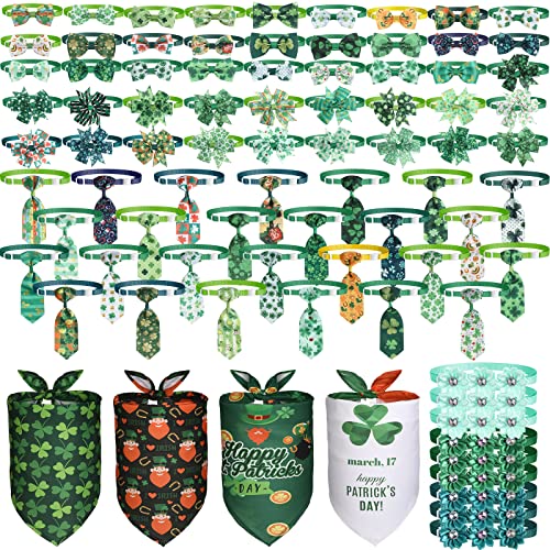 85 Pcs St. Patrick's Day Adjustable Dog Ties Set Include Dog Bow Tie Dog Neckties Flower Dog Neck Tie Dog Bowknot Dog Bandana Dog Scarf Pet Grooming Accessories for Puppy Cat