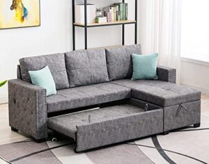 lifeand convertible shaped 84" l 3-seat sectional sofa with 2 usb charger, storage chaise, sleeper independent use as coffee table, gray