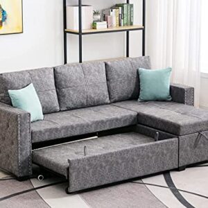 Lifeand Convertible Shaped 84" L 3-Seat Sectional Sofa with 2 USB Charger, Storage Chaise, Sleeper Independent Use as Coffee Table, Gray