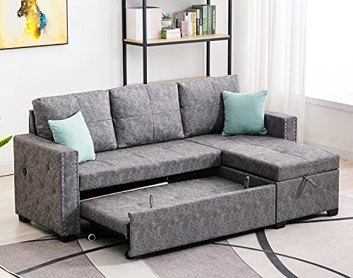 Lifeand Convertible Shaped 84" L 3-Seat Sectional Sofa with 2 USB Charger, Storage Chaise, Sleeper Independent Use as Coffee Table, Gray