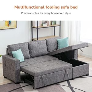 Lifeand Convertible Shaped 84" L 3-Seat Sectional Sofa with 2 USB Charger, Storage Chaise, Sleeper Independent Use as Coffee Table, Gray