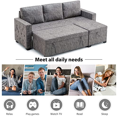 Lifeand Convertible Shaped 84" L 3-Seat Sectional Sofa with 2 USB Charger, Storage Chaise, Sleeper Independent Use as Coffee Table, Gray