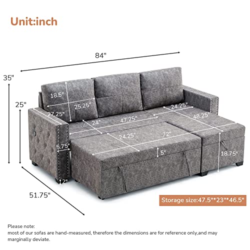 Lifeand Convertible Shaped 84" L 3-Seat Sectional Sofa with 2 USB Charger, Storage Chaise, Sleeper Independent Use as Coffee Table, Gray