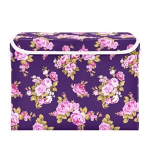 kigai storage basket pink floral storage boxes with lids and handle, large storage cube bin collapsible for shelves closet bedroom living room, 16.5x12.6x11.8 in