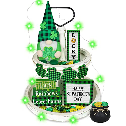 47 PCS St.Patricks Day Tiered Tray Decor Set with Led String - 1pc Gnome Plush, 3pcs Wood Sign, Little Wood Shamrock Banner, St.Patrick's Day Pot of Gold (40pcs Coins) - Irish Party Decor for Home