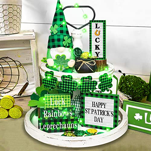 47 PCS St.Patricks Day Tiered Tray Decor Set with Led String - 1pc Gnome Plush, 3pcs Wood Sign, Little Wood Shamrock Banner, St.Patrick's Day Pot of Gold (40pcs Coins) - Irish Party Decor for Home