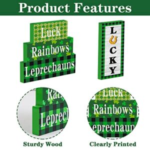 47 PCS St.Patricks Day Tiered Tray Decor Set with Led String - 1pc Gnome Plush, 3pcs Wood Sign, Little Wood Shamrock Banner, St.Patrick's Day Pot of Gold (40pcs Coins) - Irish Party Decor for Home