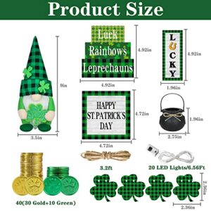 47 PCS St.Patricks Day Tiered Tray Decor Set with Led String - 1pc Gnome Plush, 3pcs Wood Sign, Little Wood Shamrock Banner, St.Patrick's Day Pot of Gold (40pcs Coins) - Irish Party Decor for Home