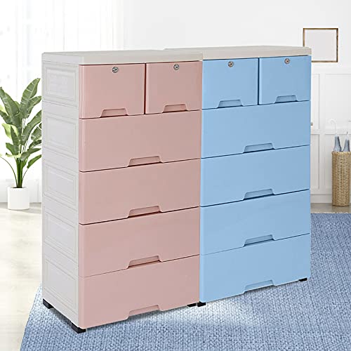 TFCFL Modern 6 Drawer Dresser, 5 Layers Drawer Chest Storage Cabinet Tall Dresser Organizer with Rolling Wheels, Keys for Clothes, Playroom, Bedroom Furniture, Living Room, Blue