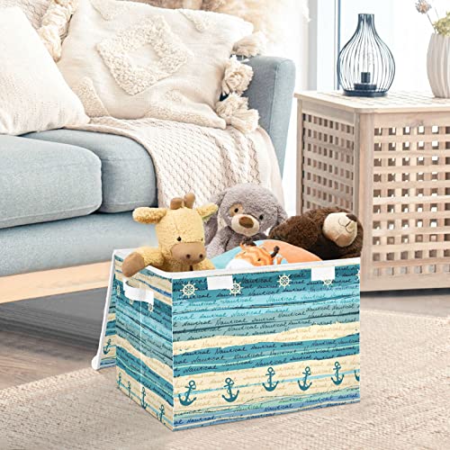 DOMIKING Nautical Large Storage Bin with Lid Collapsible Shelf Baskets Box with Handles Storage Cube for Clothes Toy Gift Storage