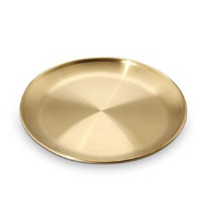retro metal round gold tray, western steak round serving dishes, stainless steel dining plate, european style serving cake tray kitchen tool(23cm)