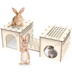 woiworco large rabbit houses and hideouts, wooden rabbit castle bunny hideout, rabbit tunnel hideout bunny playhouse houses, spacious breathable habitats for hamsters and guinea pigs hut to hide