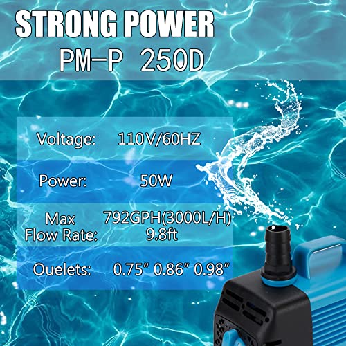 APRHODOD 800 GPH Submersible Pump (3000L/H, 50W), Super Silent Pump, 9.8ft High Head, 5.9ft Power Cord, Fountain Pump with 3 Nozzle, Suitable for Fish Tank, Pond, Aquarium, Statue, Hydroponics.