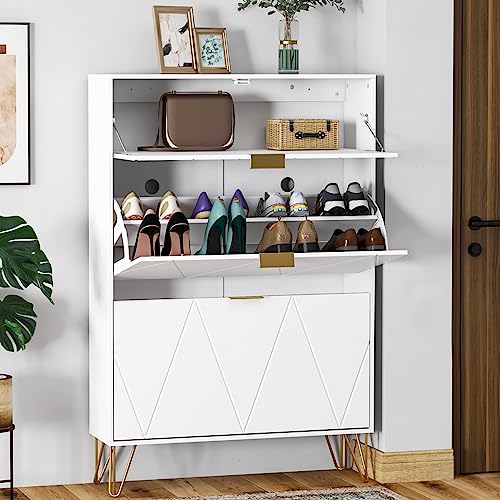 Betterhood Shoe Cabinet for Storage with 3 Flip Drawers, Narrow Shoe Organizer for Entryway,Living Room, Modern Rack Cabinet, Tipping Bucket Shoe Cabinet, White