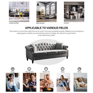 79" Velvet Chesterfield Sofa for Living Room,3 Seater Sofa Button Tufted Nailhead Trimming Curved Backrest Rolled Arms with Silver Metal Legs with 2 Pillows,Bedroom,Office (Grey Velvet, 79*30*32")