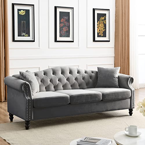 79" Velvet Chesterfield Sofa for Living Room,3 Seater Sofa Button Tufted Nailhead Trimming Curved Backrest Rolled Arms with Silver Metal Legs with 2 Pillows,Bedroom,Office (Grey Velvet, 79*30*32")