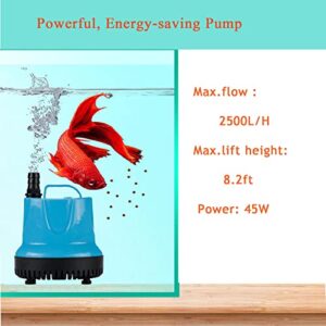 660 GPH Blue Submersible Water Pump(2500L/H, 45W), Ultra Quiet Water Pump with 8.2ft High Lift, Fountain Pump with 5.9ft Power Cord, 5 Nozzles for Fish Tank, Aquarium, Statuary, Hydroponics