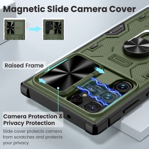 Caka for Samsung Galaxy S23 Ultra Case, S23 Ultra Case with Slide Camera Cover & Kickstand Built-in 360° Rotate Ring Stand Magnetic Protective Case for Galaxy S23 Ultra 5G- Green