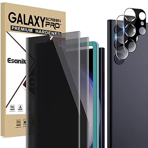 Esanik [2+2Pack] Privacy Screen Protector for Samsung Galaxy S23 Ultra 6.8-inch [NOT for S23 Plus/S23] Anti Spy PET Film(NOT Glass) with Easy Installation Frame + Camera Lens Protector Fingerprint ID Compatible