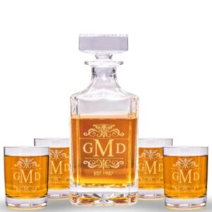 personalized whiskey decanter set with glasses - custom whisky drinking glasses set of 4 - engraved vintage glassware - whiskey gifts for men, him, dad, birthday, wedding, groomsman, anniversary