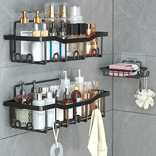 LURVUO Shower Caddy Shower Organizer,3Pack No Drilling Large Capacity Rustproof Adhesive Bathroom Organizer for Bathroom Storage&Kitchen,Black