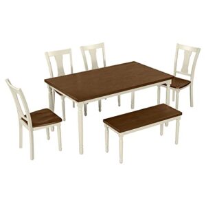 Lifeand Piece Wooden Table and 4 Chairs with Bench for Kitchen Room (Brown+Cottage White), Classic Dining Set for 6